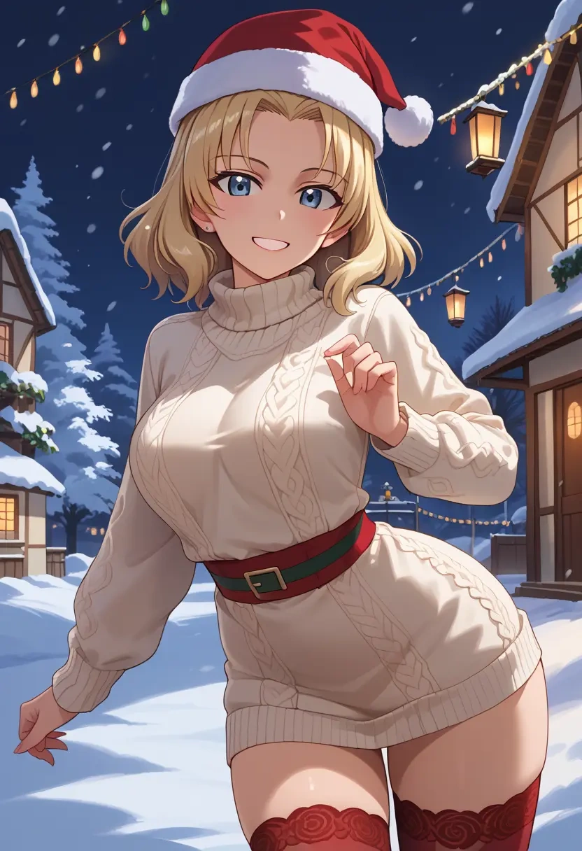 girls_und_panzer,oshida_(girls_und_panzer),Christmas,sweater dress,stockings  - 