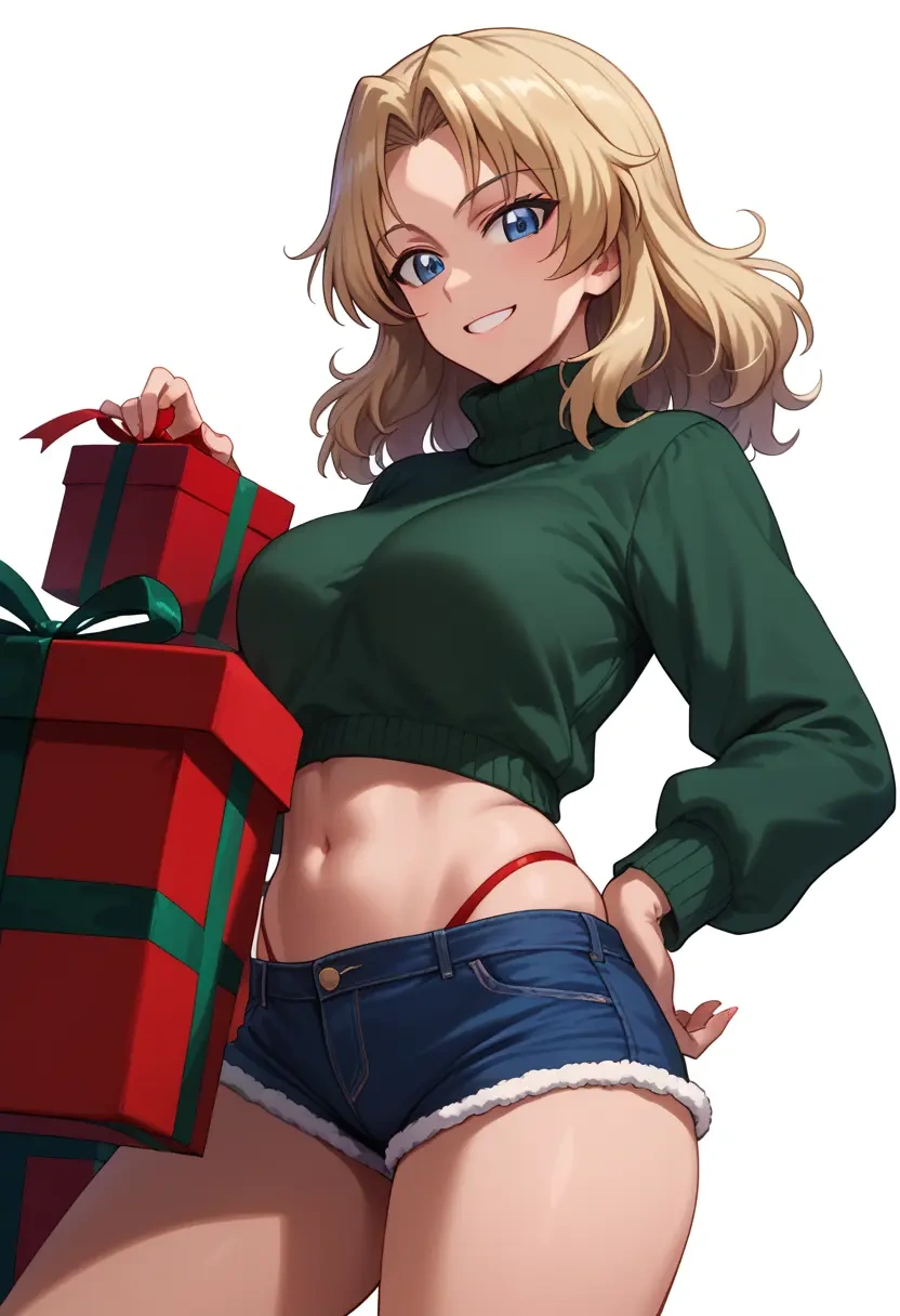 girls_und_panzer,oshida_(girls_und_panzer),Christmas,red velvet shorts,turtleneck sweater  - 