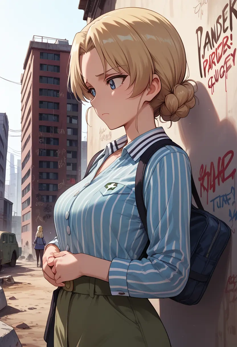 girls_und_panzer,oshida_(girls_und_panzer),striped graffiti blouse,dolphin shorts  - 