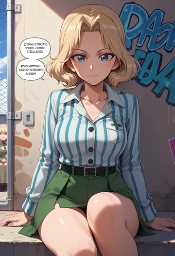 girls_und_panzer,oshida_(girls_und_panzer),striped graffiti blouse,dolphin shorts  - AI generated anime art