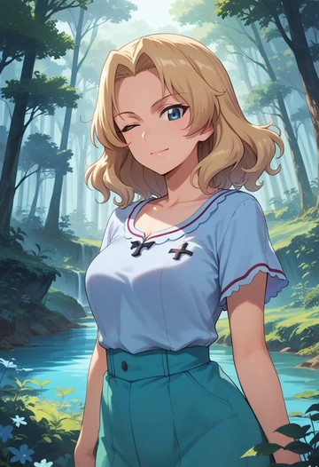 girls_und_panzer,oshida_(girls_und_panzer),abstract art blouse,dolphin shorts  - AI generated anime art