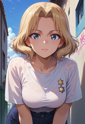 girls_und_panzer,oshida_(girls_und_panzer),silk graffiti shirt,dolphin shorts  - AI generated anime art