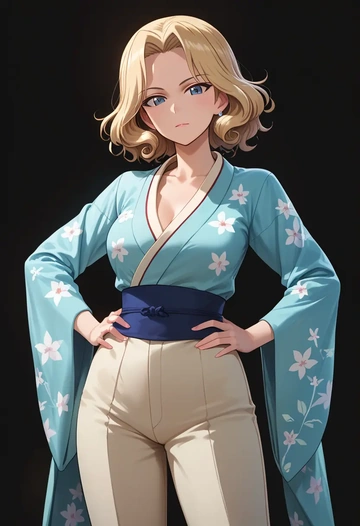 girls_und_panzer,oshida_(girls_und_panzer),kimono,silk,wide-leg trousers  - AI generated anime art