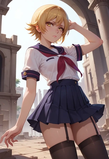 monogatari_(series),oshino_shinobu,jk uniform, stockings  - AI generated anime art