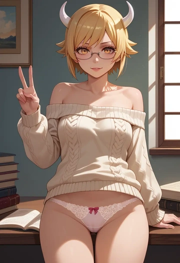 monogatari_(series),oshino_shinobu,sweater,panties,off-shoulder,glasses,sexy  - AI generated anime art