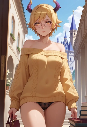 monogatari_(series),oshino_shinobu,sweater,panties,off-shoulder,glasses,sexy  - AI generated anime art