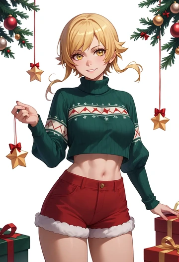 monogatari_(series),oshino_shinobu,Christmas,red velvet shorts,turtleneck sweater  - AI generated anime art