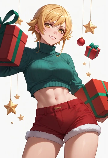 monogatari_(series),oshino_shinobu,Christmas,red velvet shorts,turtleneck sweater  - AI generated anime art