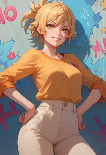 monogatari_(series),oshino_shinobu,neon graffiti top,dolphin shorts  - AI generated anime art