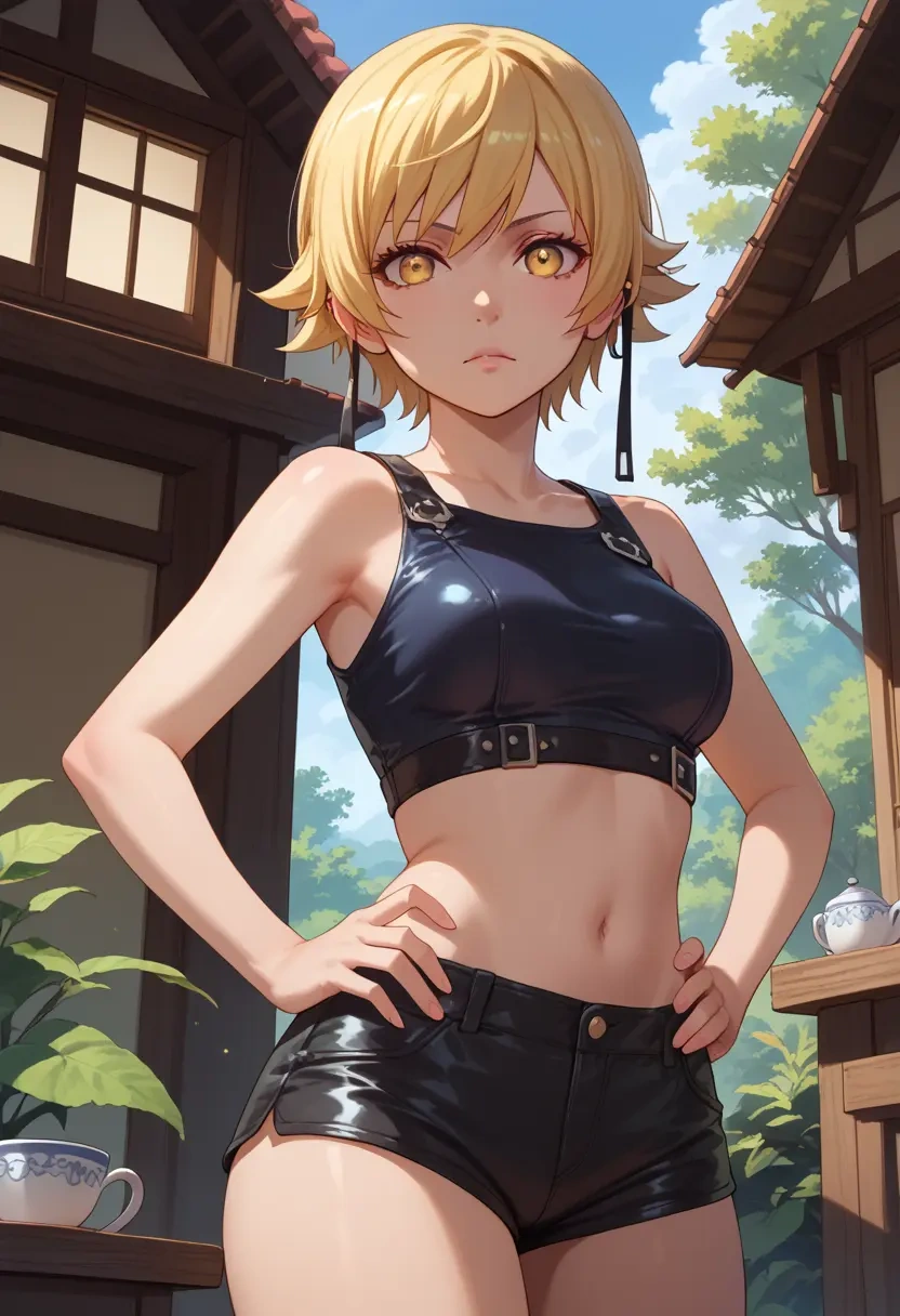 monogatari_(series),oshino_shinobu,leather,shorts,crop top  - 