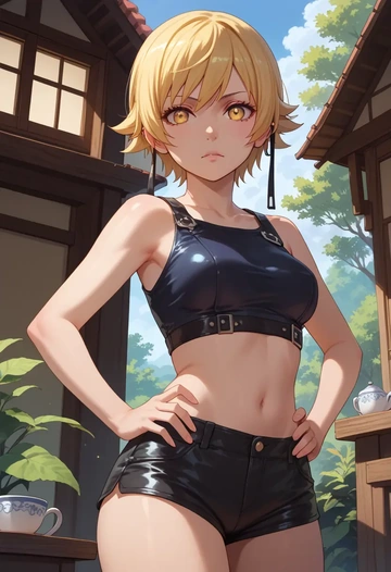 monogatari_(series),oshino_shinobu,leather,shorts,crop top  - AI generated anime art