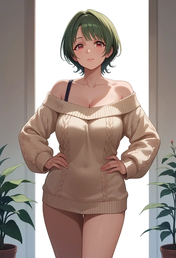 idolmaster,otonashi_kotori,Hands on hips,off-shoulder,sweater  - AI generated anime art