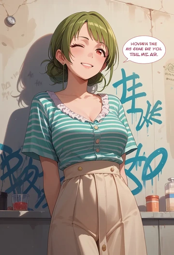 idolmaster,otonashi_kotori,striped graffiti blouse,dolphin shorts  - AI generated anime art