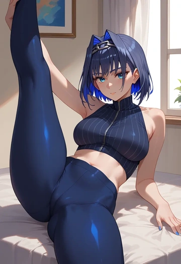 hololive,ouro_kronii,yoga, leggings,spread legs,one leg up,sexy  - AI generated anime art