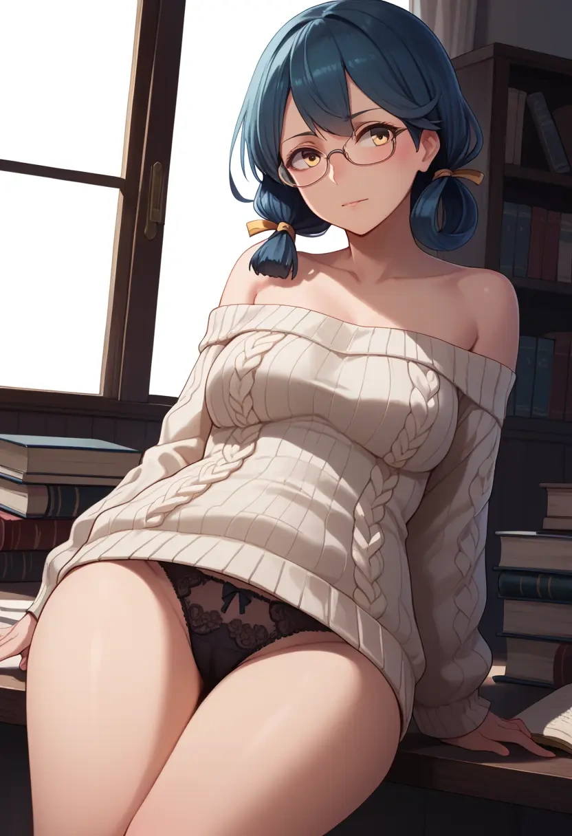 kantai_collection,oyashio_(kancolle),off-shoulder,panties,glasses,sweater  - 