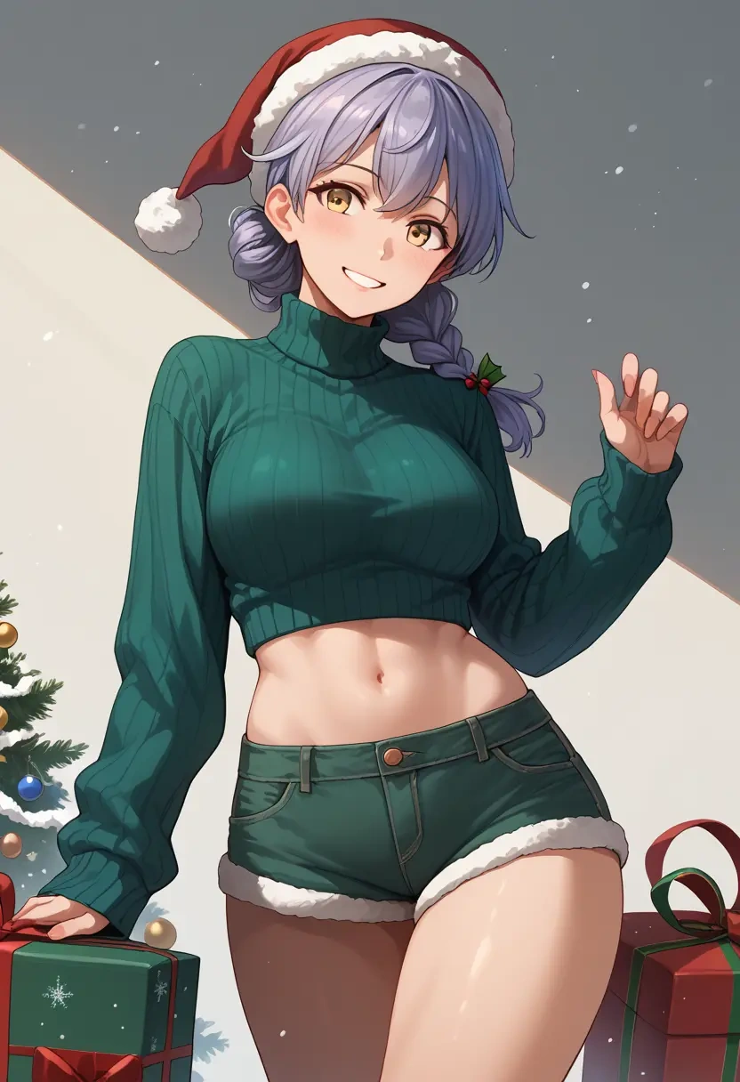 kantai_collection,oyashio_(kancolle),Christmas,red velvet shorts,turtleneck sweater  - 