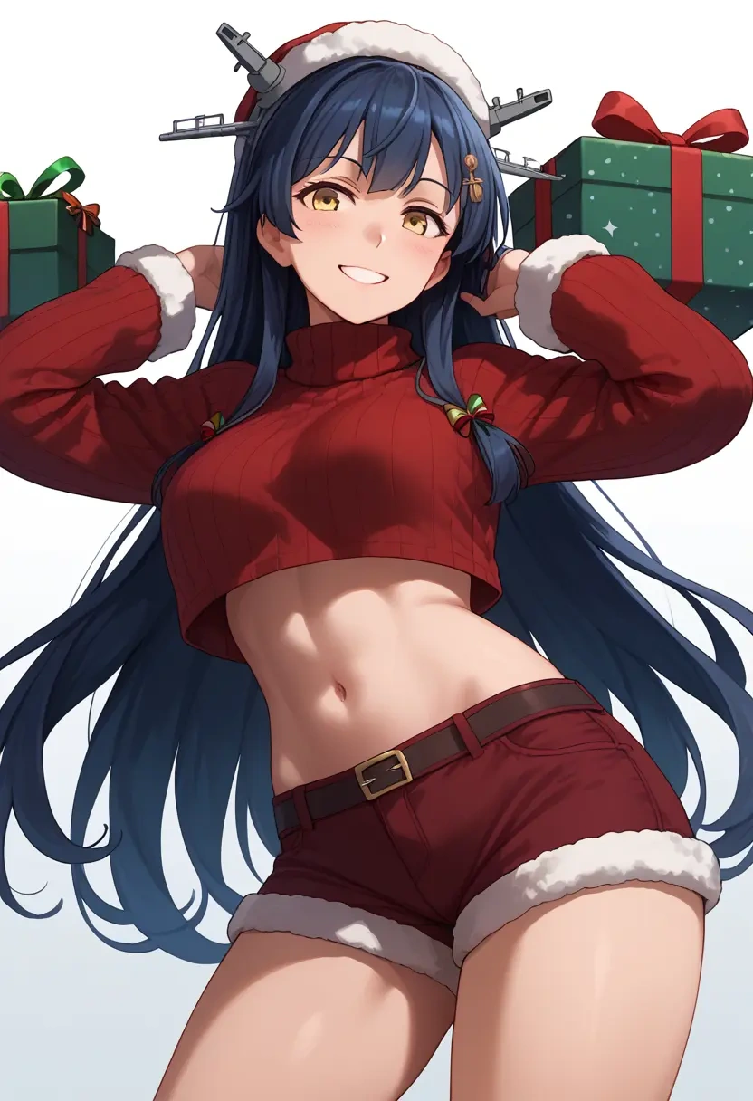 kantai_collection,oyashio_(kancolle),Christmas,red velvet shorts,turtleneck sweater  - 