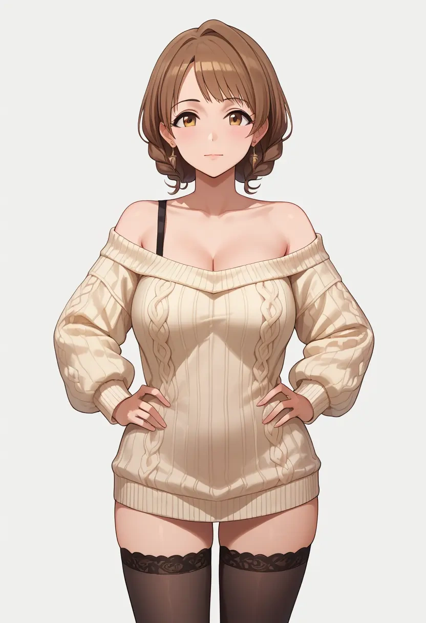 idolmaster,p-head_producer,Hands on hips,off-shoulder,sweater,stockings  - 