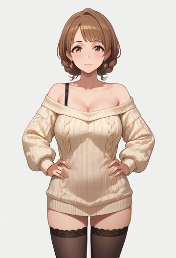 idolmaster,p-head_producer,Hands on hips,off-shoulder,sweater,stockings  - AI generated anime art