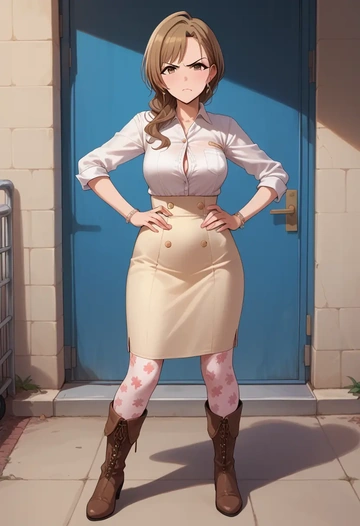 idolmaster,p-head_producer,shirt dress,belted,stockings  - AI generated anime art