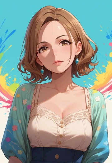 idolmaster,p-head_producer,paint-splatter blouse,dolphin shorts  - AI generated anime art