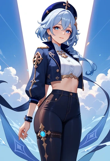 genshin_impact,paimon_(genshin_impact),denim jacket,cropped,leather leggings  - AI generated anime art