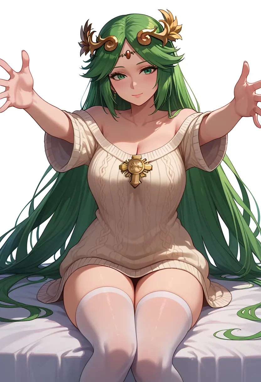 kid_icarus,palutena,cross-legged,off-shoulder,sweater,stockings  - 