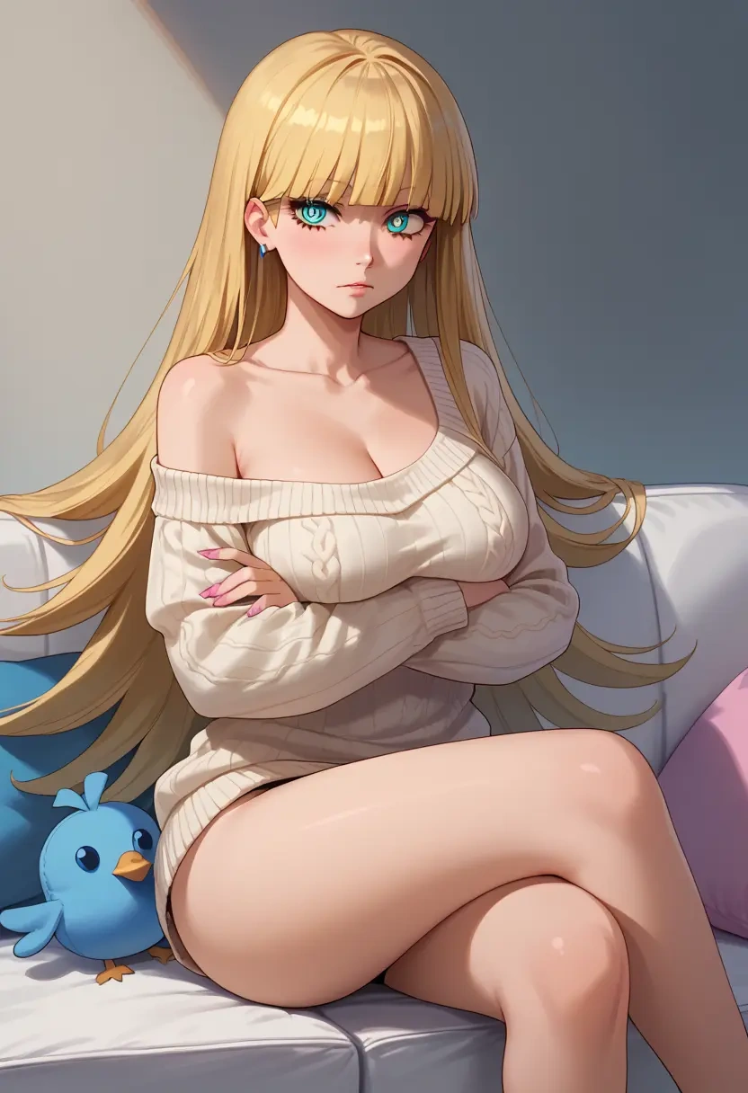 panty_stocking_with_garterbelt,panty_(psg),arms crossed,off-shoulder,sweater,cross-legged  - 