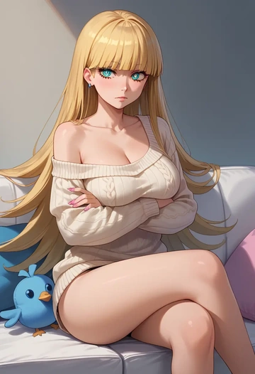 panty_stocking_with_garterbelt,panty_(psg),arms crossed,off-shoulder,sweater,cross-legged  - AI generated anime art