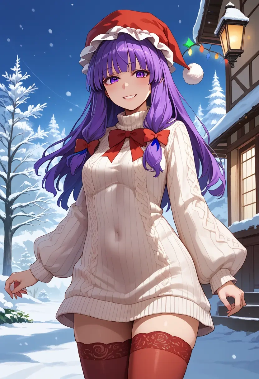 touhou,patchouli_knowledge,Christmas,sweater dress,stockings  - 