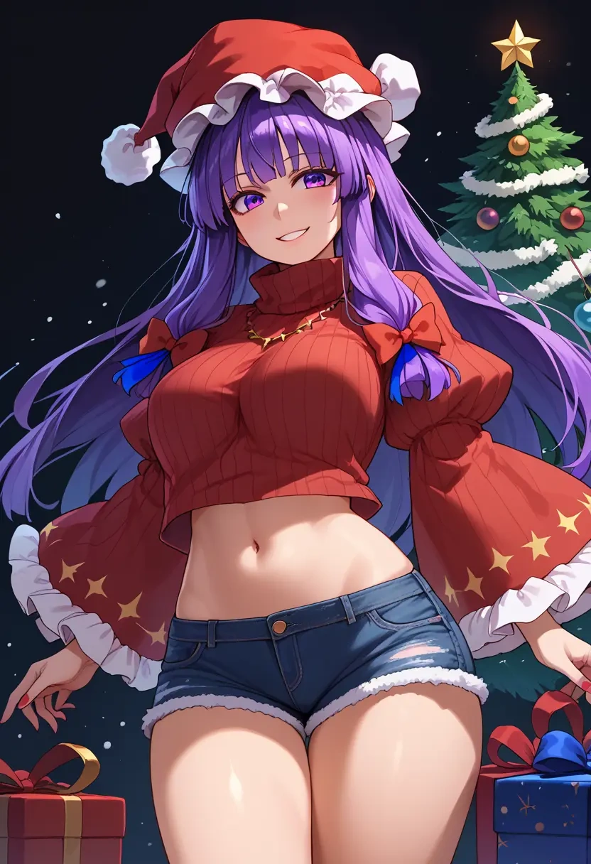 touhou,patchouli_knowledge,Christmas,red velvet shorts,turtleneck sweater  - 