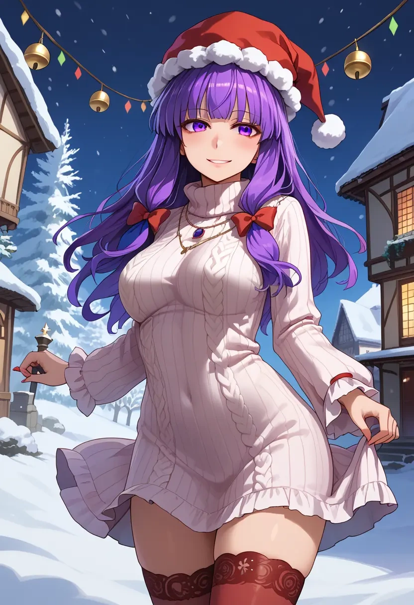 touhou,patchouli_knowledge,Christmas,sweater dress,stockings  - 