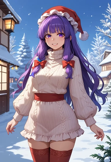 touhou,patchouli_knowledge,Christmas,sweater dress,stockings  - AI generated anime art