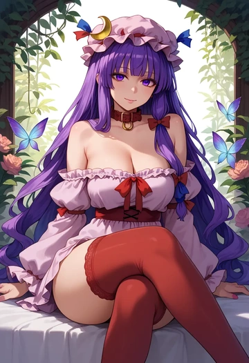 touhou,patchouli_knowledge,collar,oversized,Thigh garters  - AI generated anime art