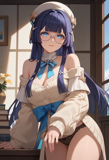 star rail,pela,sweater,panties,off-shoulder,glasses,sexy  - AI generated anime art