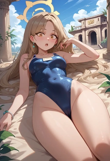 blue_archive,peroro_(blue_archive),retro style swimsuit,frilled neckline,bow detail  - AI generated anime art