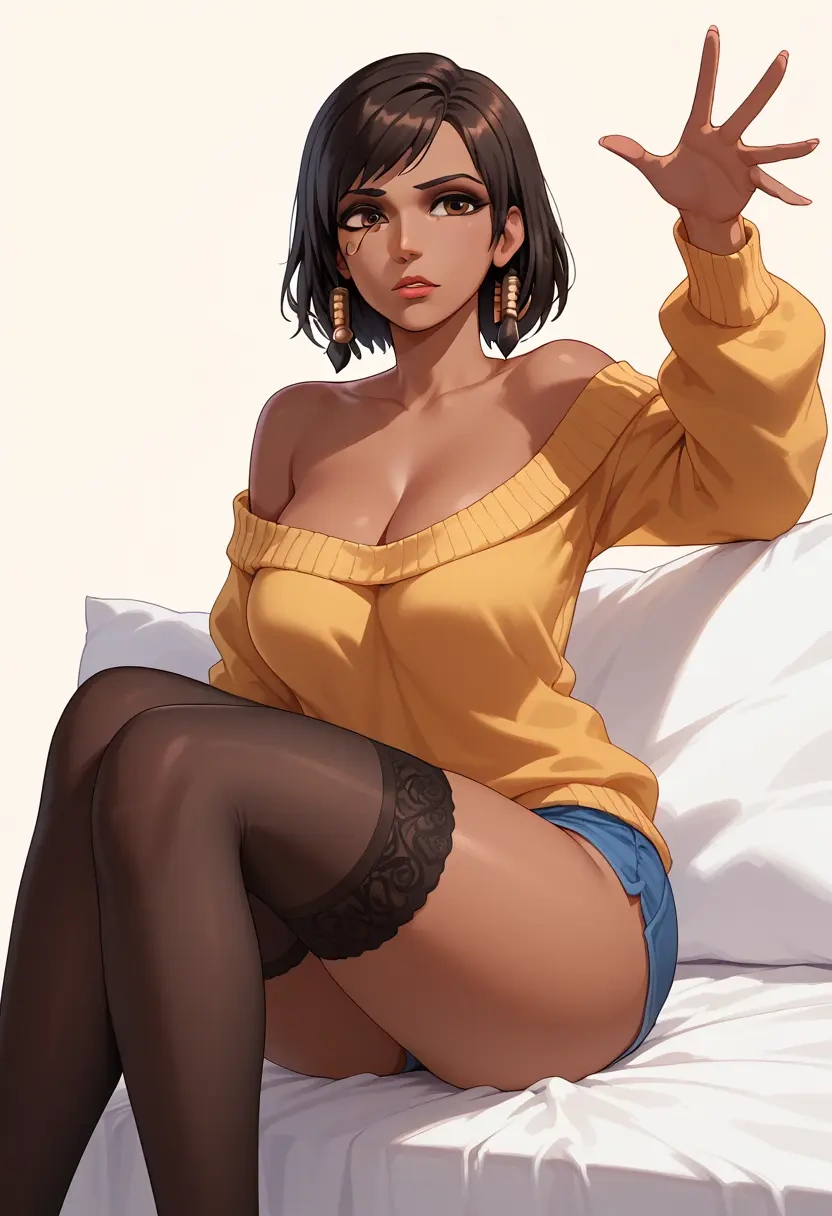 overwatch,pharah_(overwatch),cross-legged,off-shoulder,sweater,stockings  - 