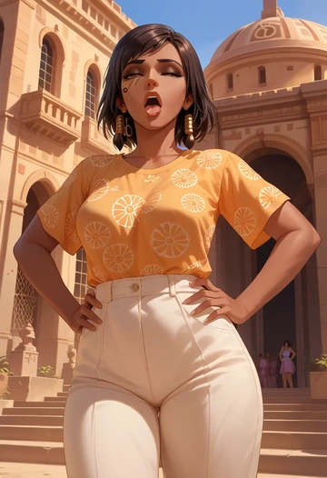 overwatch,pharah_(overwatch),silk graffiti shirt,dolphin shorts  - AI generated anime art