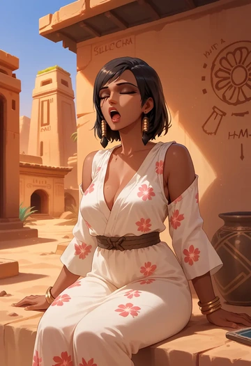 overwatch,pharah_(overwatch),floral graffiti blouse,dolphin shorts  - AI generated anime art