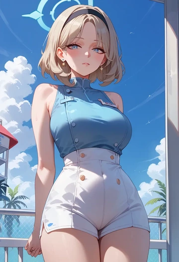 blue_archive,plana_(blue_archive),sleeveless swim top,shorts-style bottom,contrast stitching  - AI generated anime art