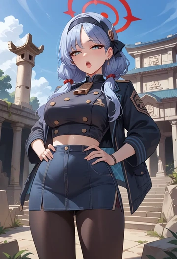 blue_archive,plana_(blue_archive),denim jacket,cropped,leather leggings  - AI generated anime art