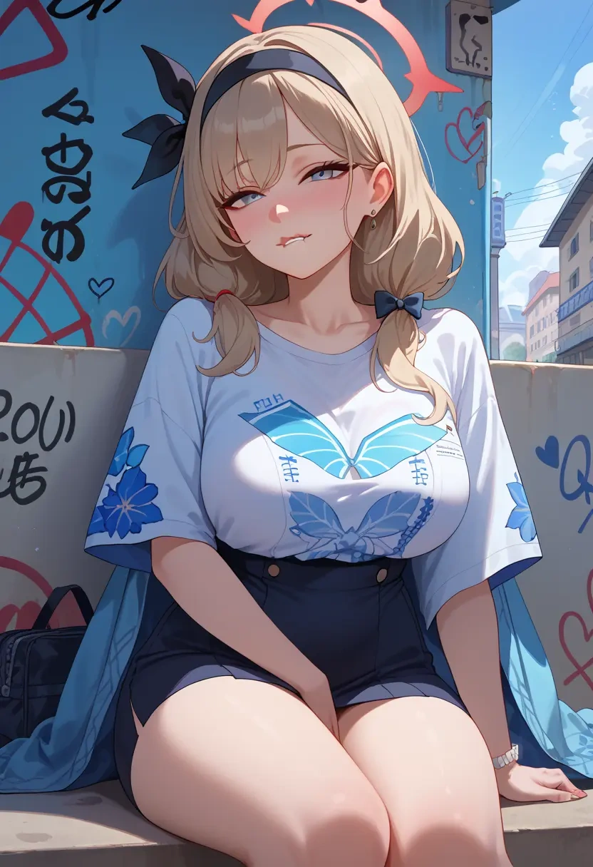 blue_archive,plana_(blue_archive),oversized graffiti shirt,dolphin shorts  - 