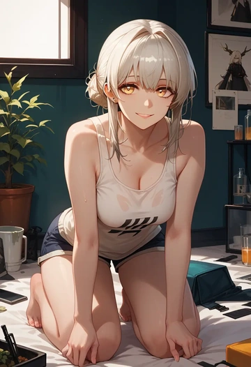 arknights,platinum_(arknights),tank top,drawstring pants  - AI generated anime art