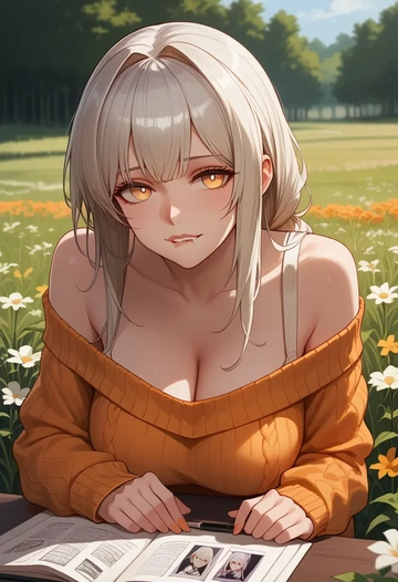 arknights,platinum_(arknights),orange,sweater  - AI generated anime art