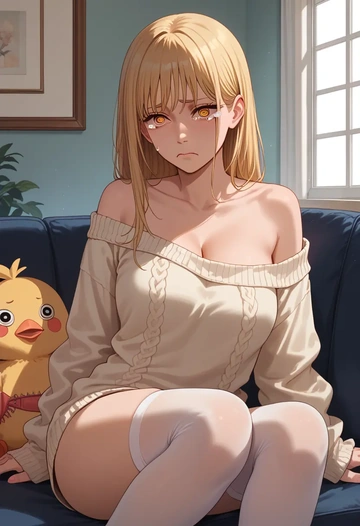 chainsaw_man,pochita_(chainsaw_man),Pouting ,Teary-eyed,off-shoulder,sweater  - AI generated anime art