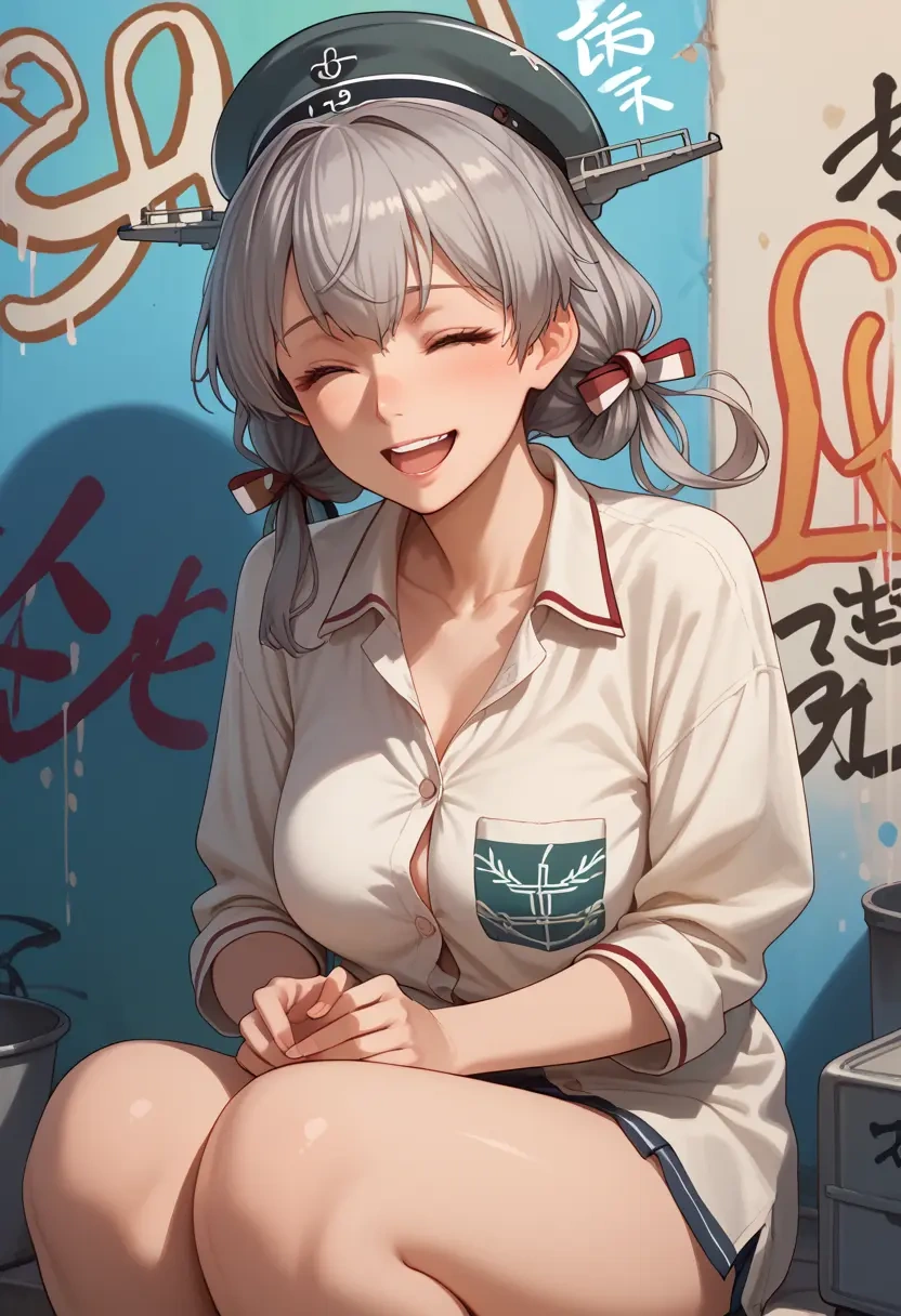 kantai_collection,pola_(kancolle),oversized graffiti shirt,dolphin shorts  - 