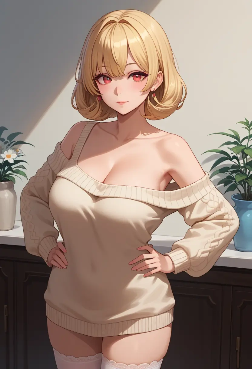 nijisanji,pomu_rainpuff,Hands on hips,off-shoulder,sweater,stockings  - 