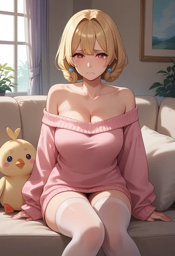 nijisanji,pomu_rainpuff,Pouting ,Teary-eyed,off-shoulder,sweater  - AI generated anime art