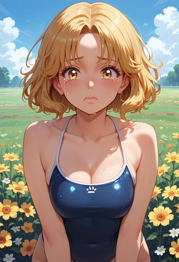 poptepipic,popuko,retro style swimsuit,frilled neckline,bow detail  - AI generated anime art