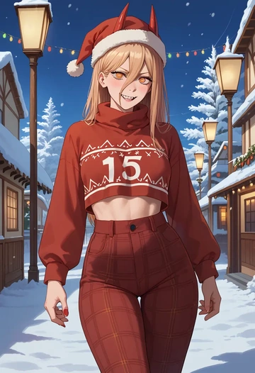 chainsaw_man,power_(chainsaw_man),Christmas,plaid trousers  - AI generated anime art